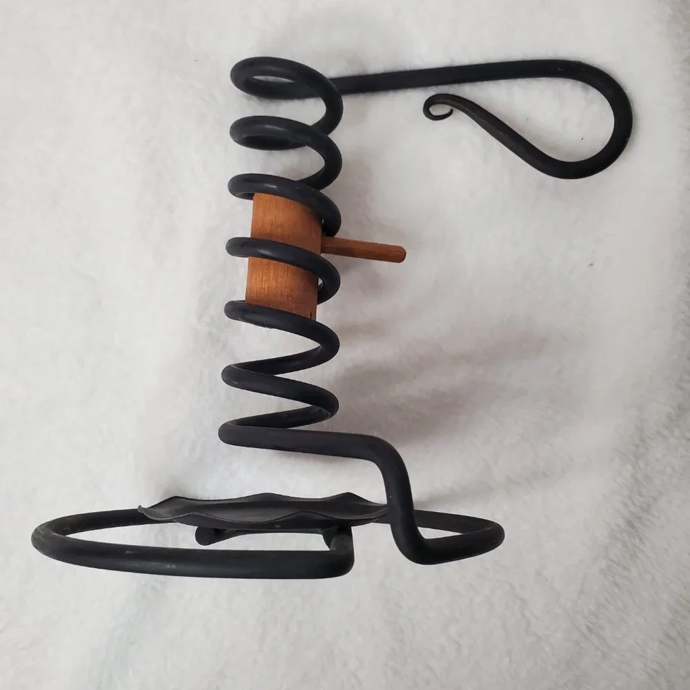 Black Wrought Iron Spiral Courting Coil Candle Holder with Drip Pan Primitive